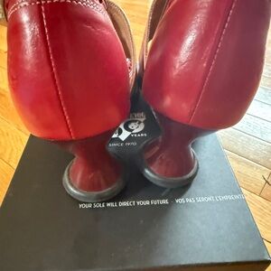 John Fluevog red and pink button strap